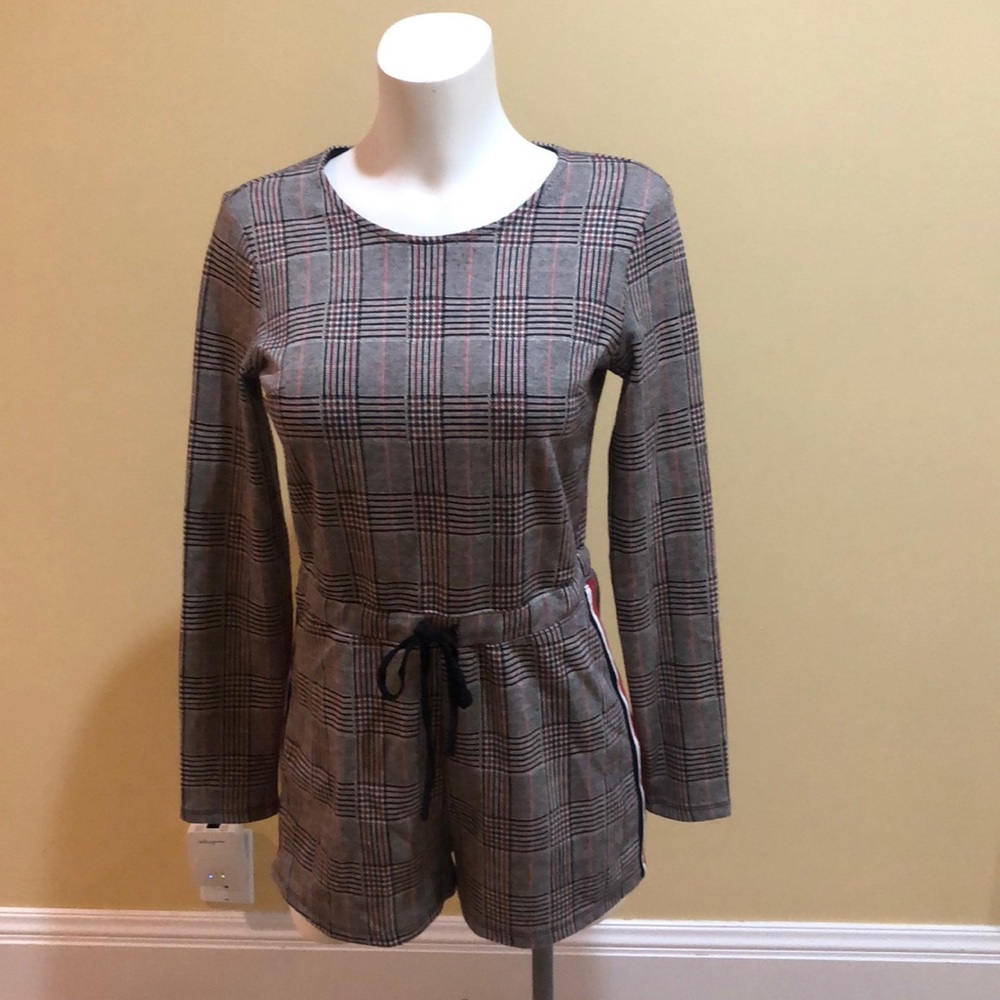 Plaid Romper with adjustable waist tie